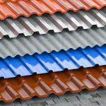 Different types of roof coating. Background from layers of sheet metal  profiles, ceramic tiles, asphalt roofing shingles and gypsum slate. 3d illustration