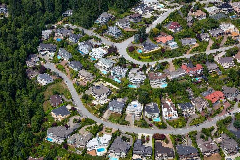 Aerial View of luxury homes in British Properties, West Vancouver, British Columbia, Canada. Taken during a sunny summer day.